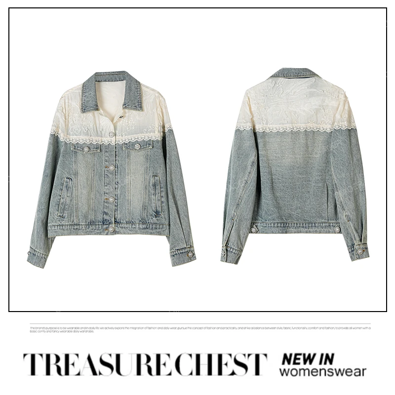 乔儿定制【蓝蕾潮裳】重工蕾丝拼接牛仔外套女2025新款复古短外套
