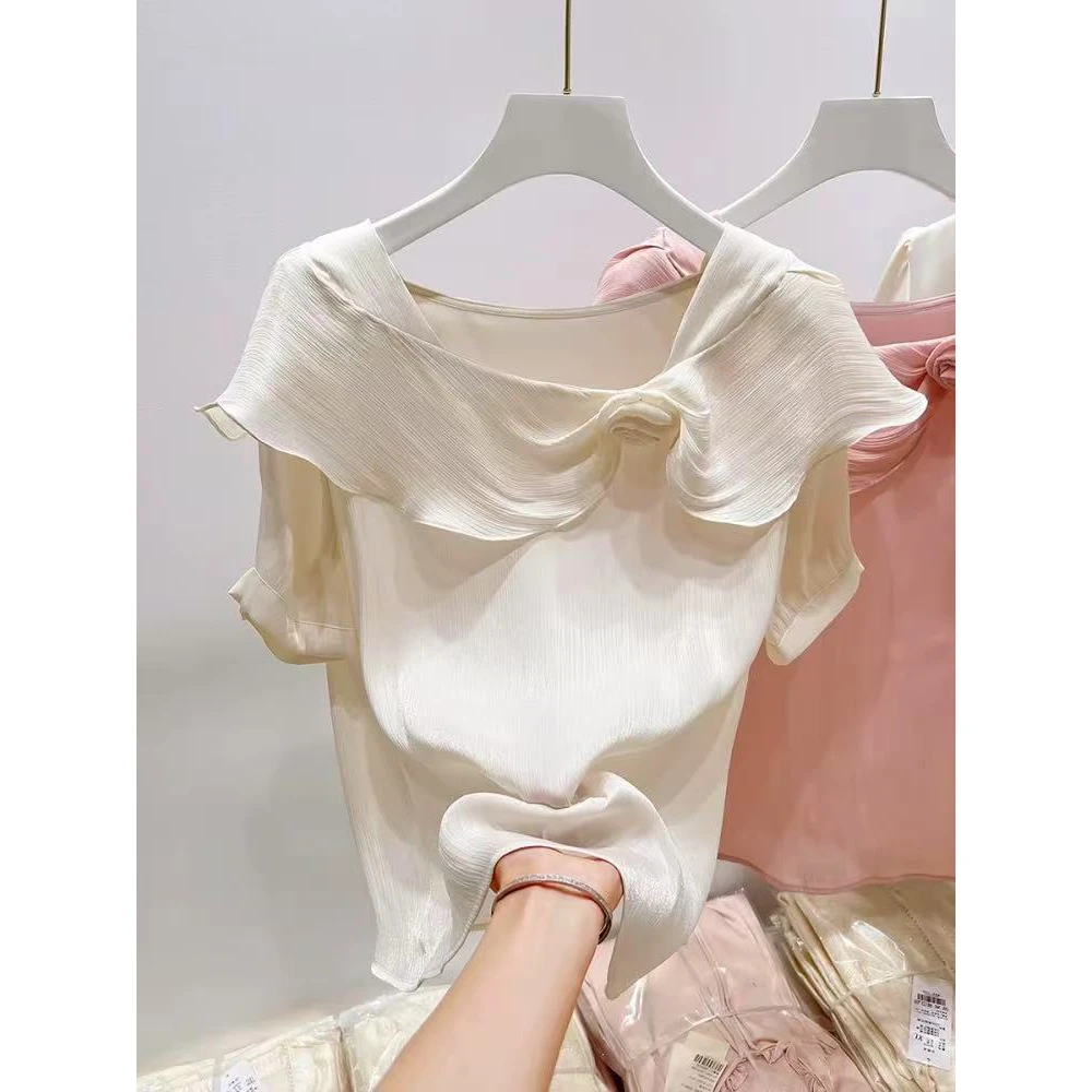 2025新款韩国修身显瘦领子不规则立体花朵纯色套头短袖雪纺衫女夏