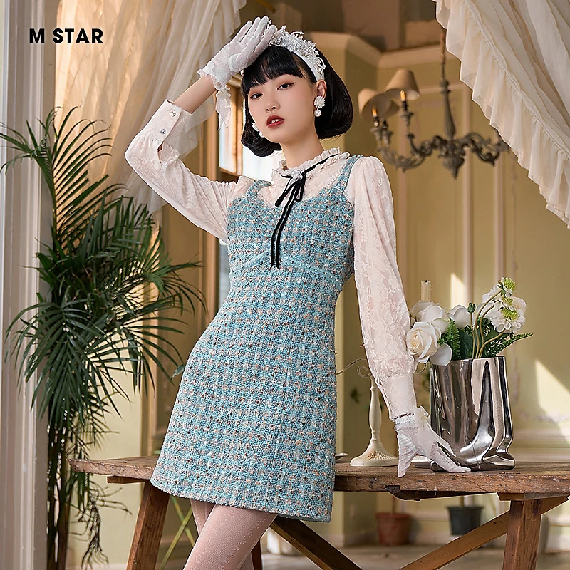 M-Star冬季小香风粗花呢气质假两件女装连衣裙显瘦裙子SEEL144578