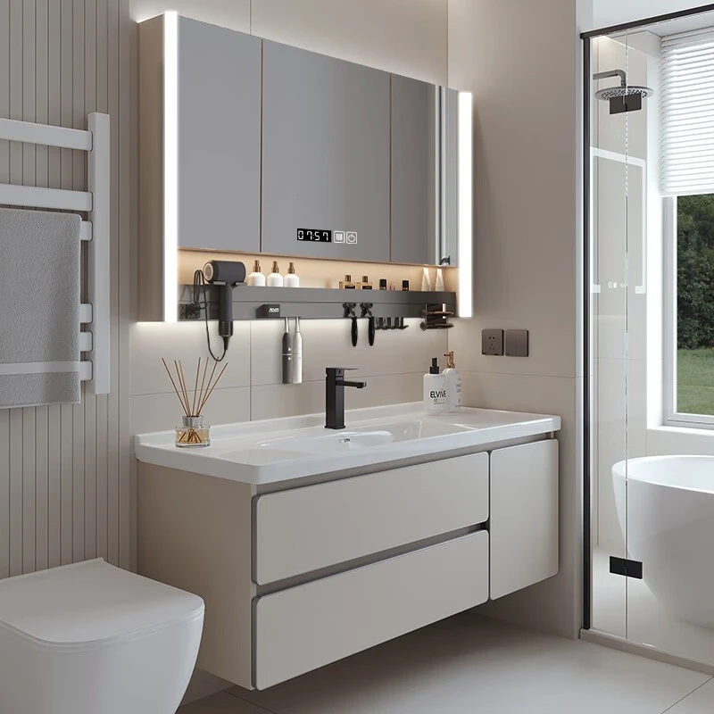奶油风智能铝包边网红卫生间浴室柜陶瓷一体洗漱池洗手台盆组合柜