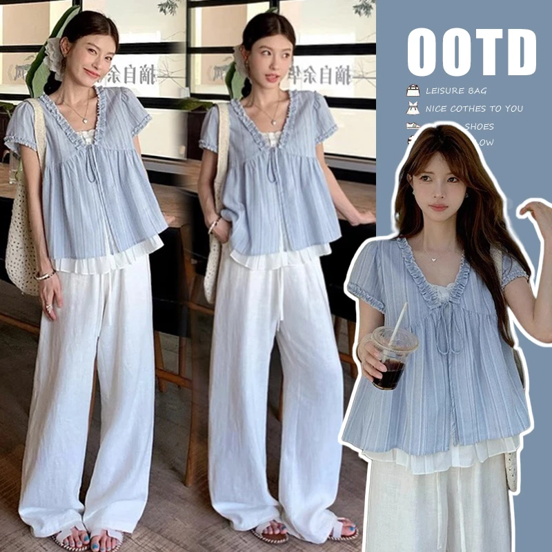 孕妇装2025夏季新款休闲时尚蕾丝拼接上衣百搭气质显瘦阔腿裤套装