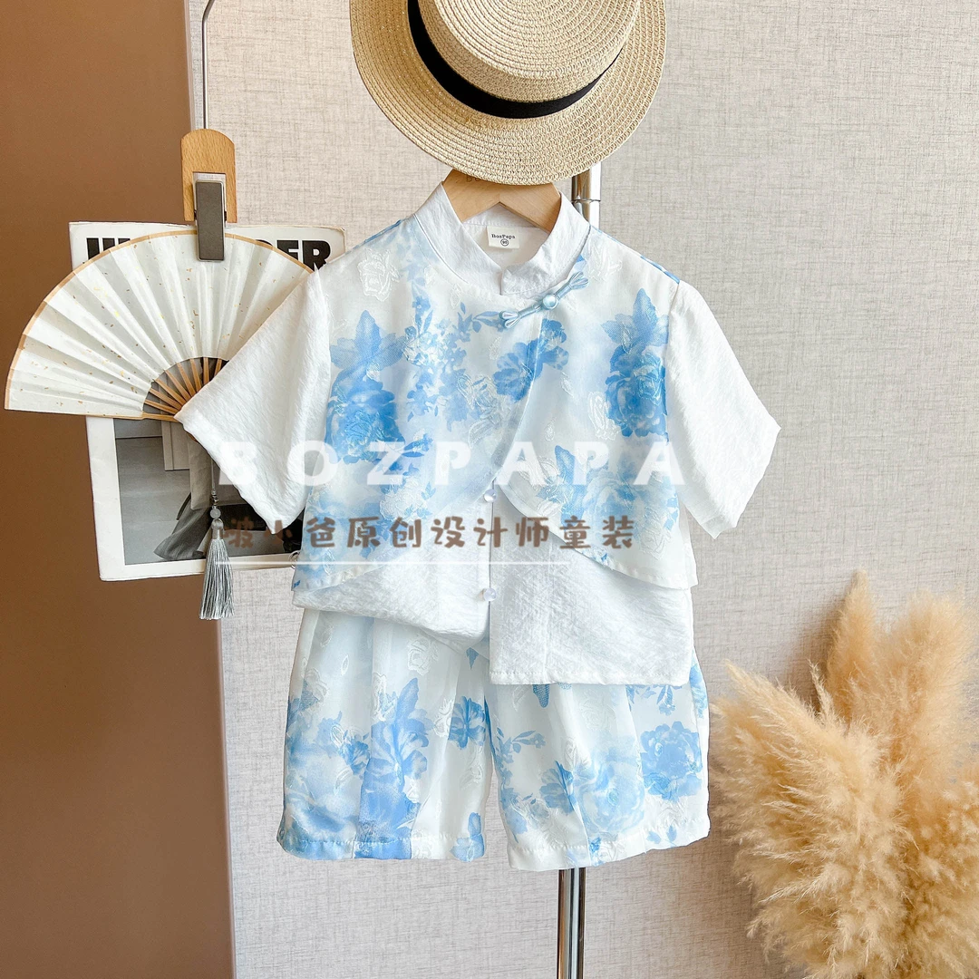 现货啵小爸【青花藏云】2025夏季男童新中式青花瓷风格假两件衬套装