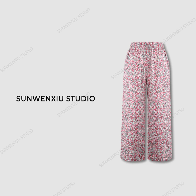 swx studio3店 “小粉裤”100%全棉私服风格粉色碎花九分裤
