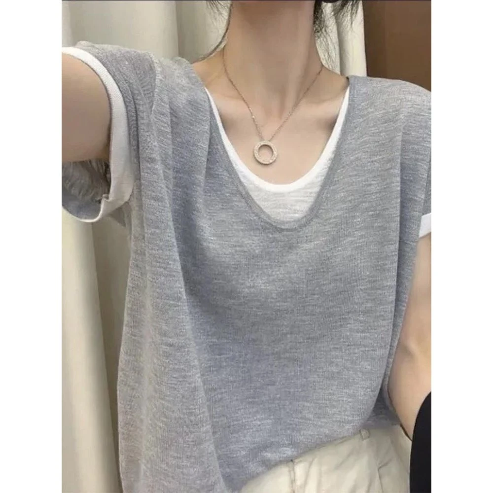 2025年夏季新款韩系女装ins风上衣短袖拼色设计轻薄透气休闲风T恤