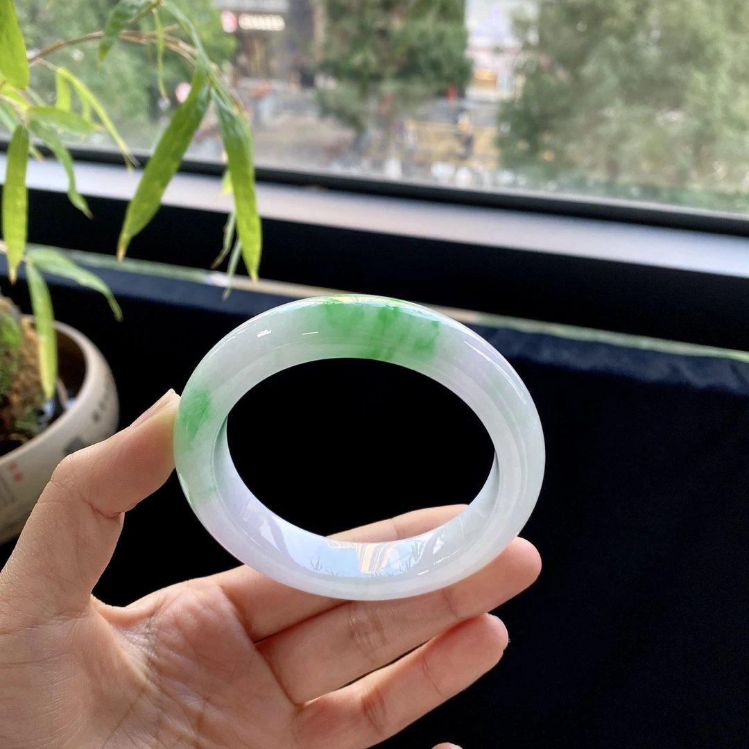 好色珠宝 圈口58.2缅甸老坑A货细糯种阳绿正圈女款翡翠手镯