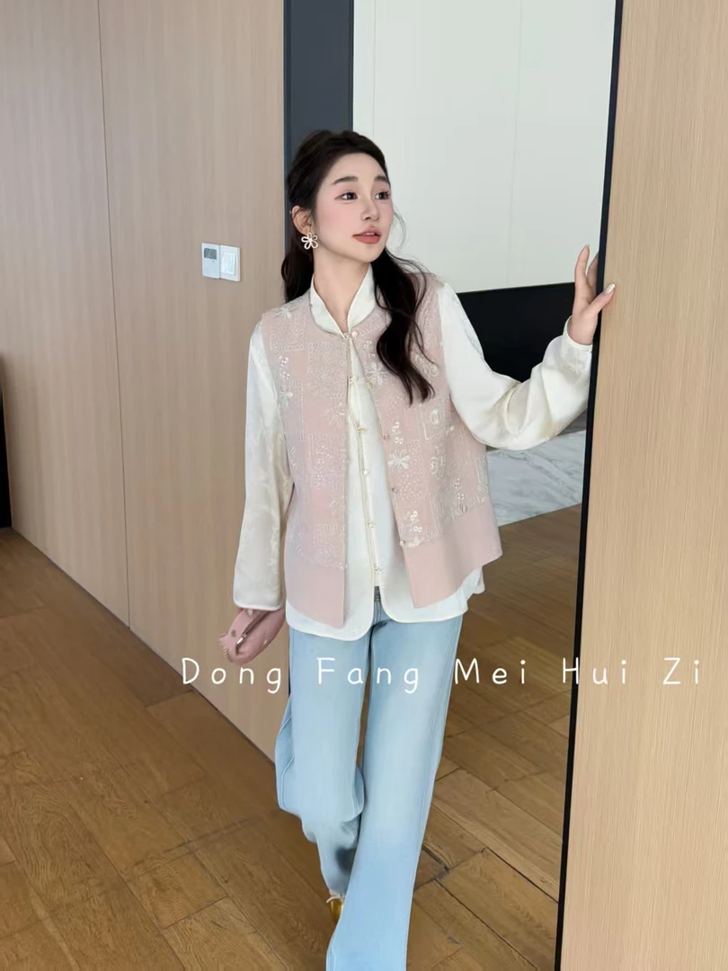 美美推荐2510东方玫惠子粉色提花新中式马甲衬衫两件套装