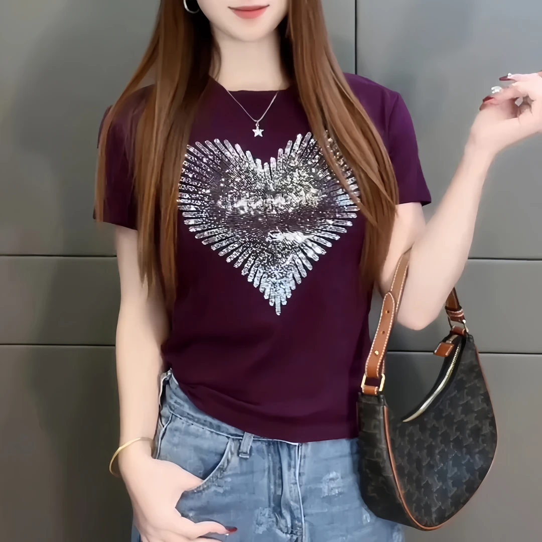 【Coco Paris】设计爱心烫钻短袖t恤女显瘦百搭上衣夏装圆领打底衫