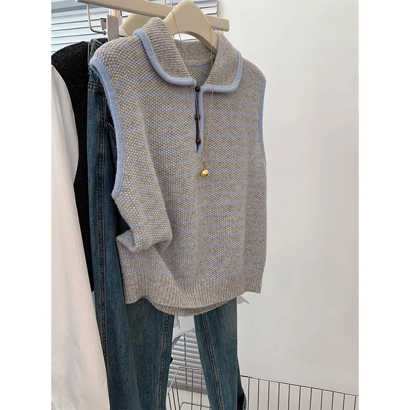 固质条纹polo领马甲针织无袖坎肩内搭上衣背心女士外搭叠穿洋气秋