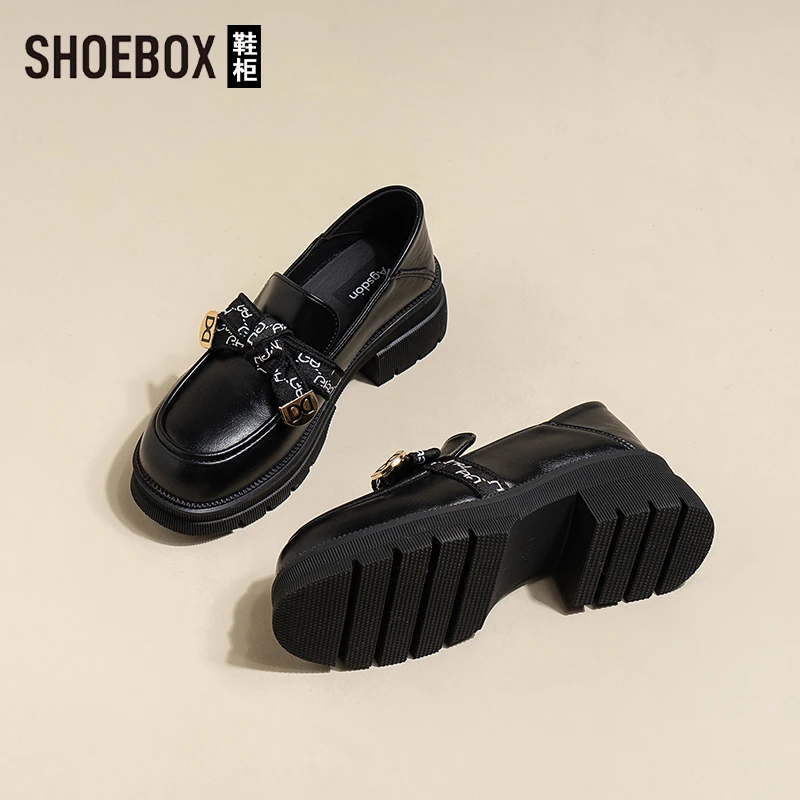 SHOEBOX鞋柜小皮鞋女2025新款春季法式蝴蝶结百搭黑色乐福鞋