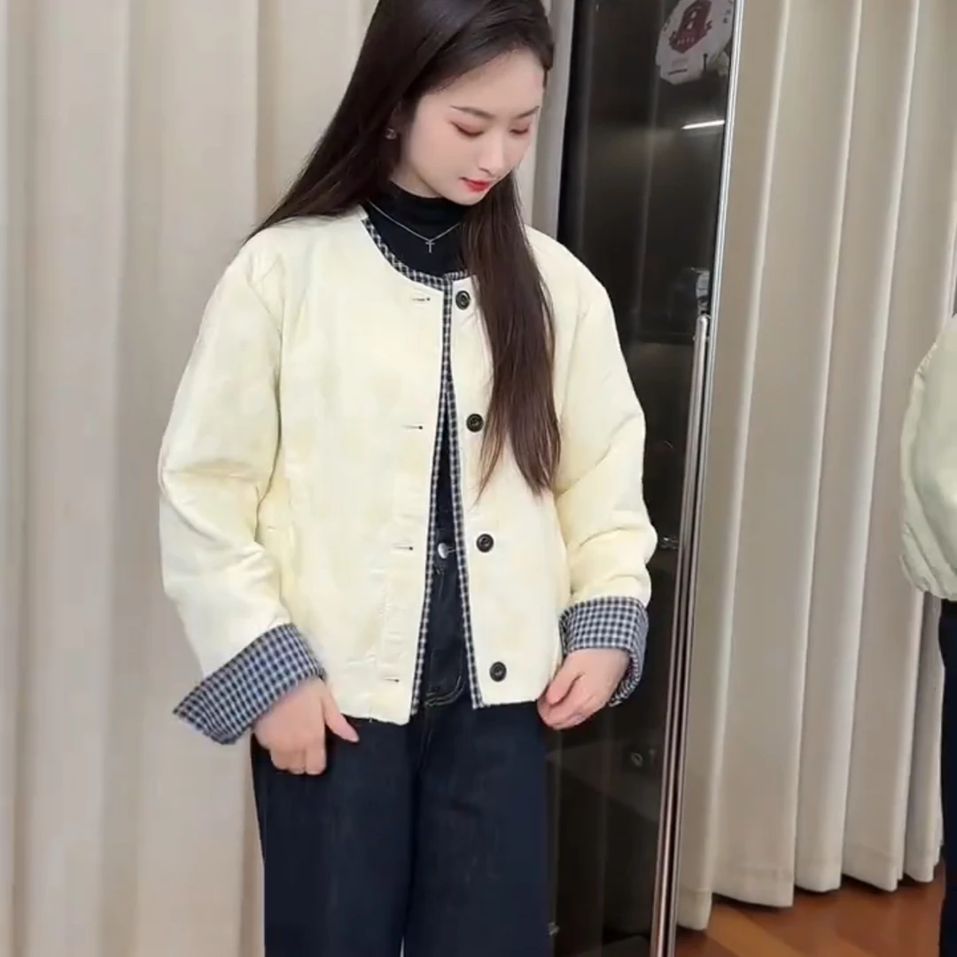 正版现货格子拼接圆领夹棉短款外套女秋冬宽松洋气时尚薄款棉衣潮