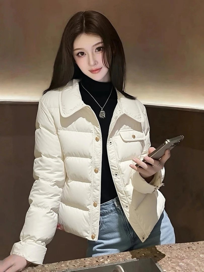 秋季小个子洋气减龄翻领短款上衣高端时髦韩系小香风白色棉服外套
