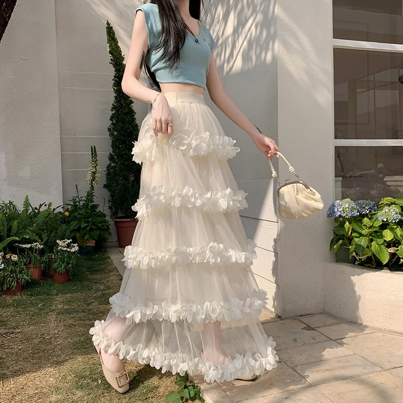 网纱蛋糕裙半身裙女春季2025新款设计感花瓣高腰蓬蓬纱裙拖地长裙