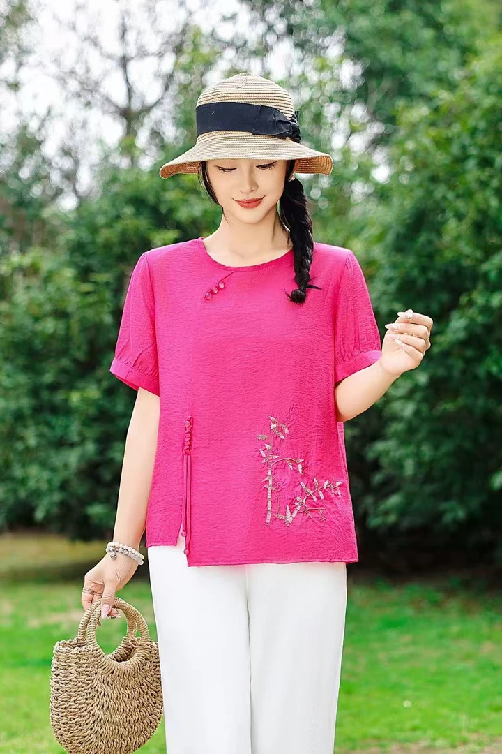 2025新款妈妈装刺绣竹子花显瘦减龄新中式洋气女装短袖210