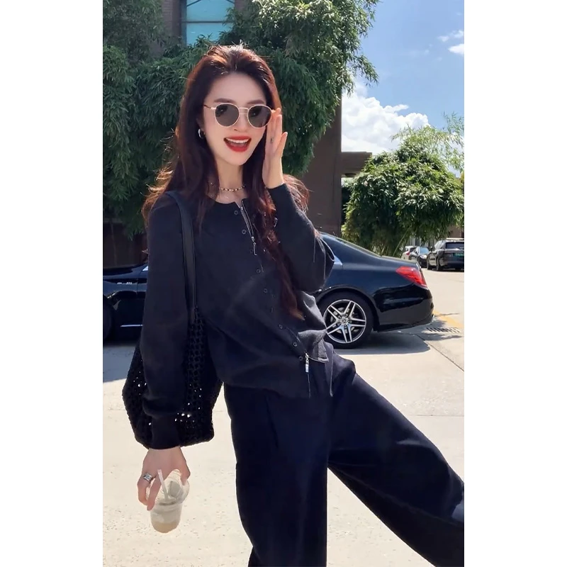 早秋韩系休闲套装女减龄撞色设计感拉链开衫休闲阔腿裤显瘦两件套