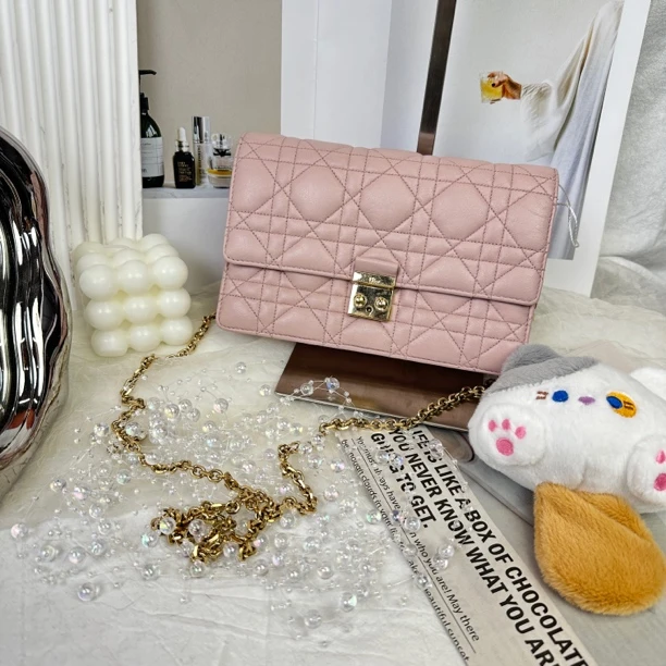 95新 DIOR/迪奥 樱花粉藤格纹woc链条斜挎包