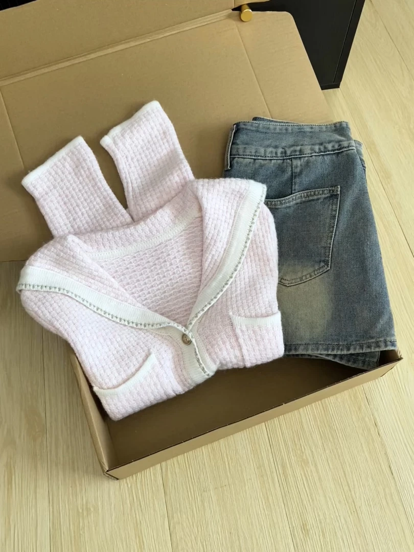 粉色甜美小香风海军领针织衫外套女秋冬小众气质外穿毛衣开衫上衣