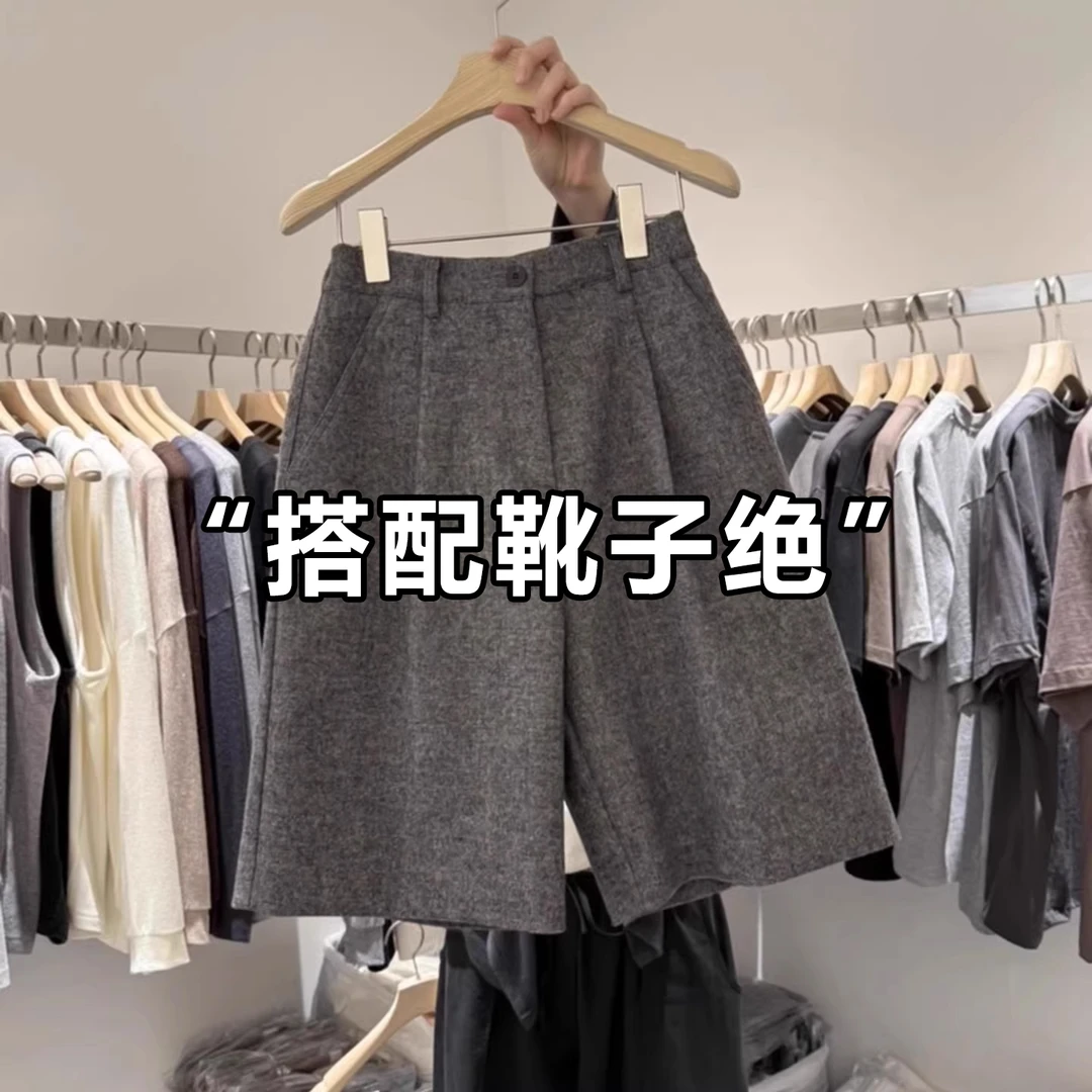 松紧腰毛呢短裤女秋冬新款配靴子外穿靴裤韩国东大门五分裤中裤