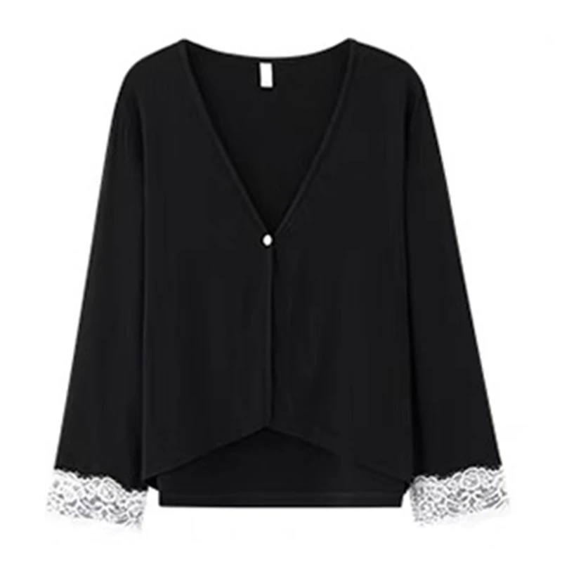 睡衣外披女春夏季外套长袖性感蕾丝纯欲黑色家居服wp8273