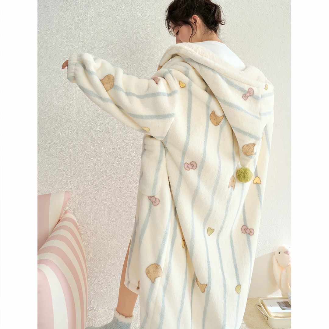 陌娇"慵懒小心机"拉链睡袍女秋冬季长款珊瑚绒加厚保暖睡衣家居服