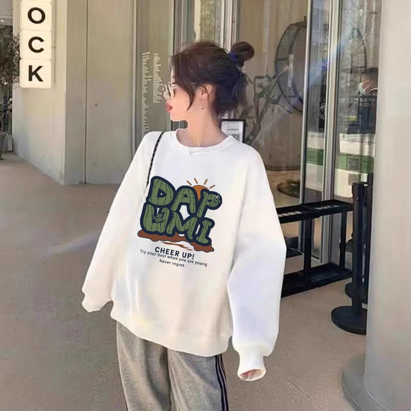 慵懒风白色卫衣女2025新款爆款无帽圆领宽松上衣秋冬加绒加厚外套