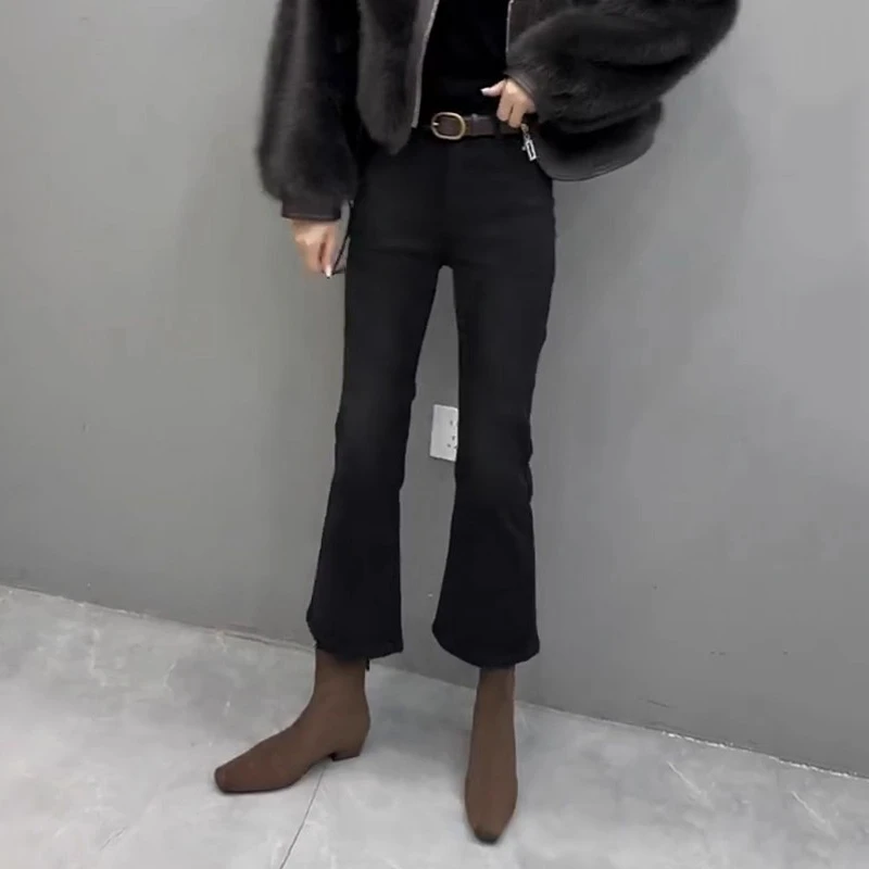 黑灰色加绒微喇牛仔裤女秋冬高腰小个子弹力显瘦修身九分喇叭裤