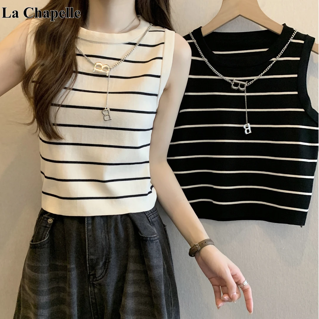拉夏贝尔纯欲慵懒风女装胖MM大码条纹夏季新款小背心吊带显瘦上衣