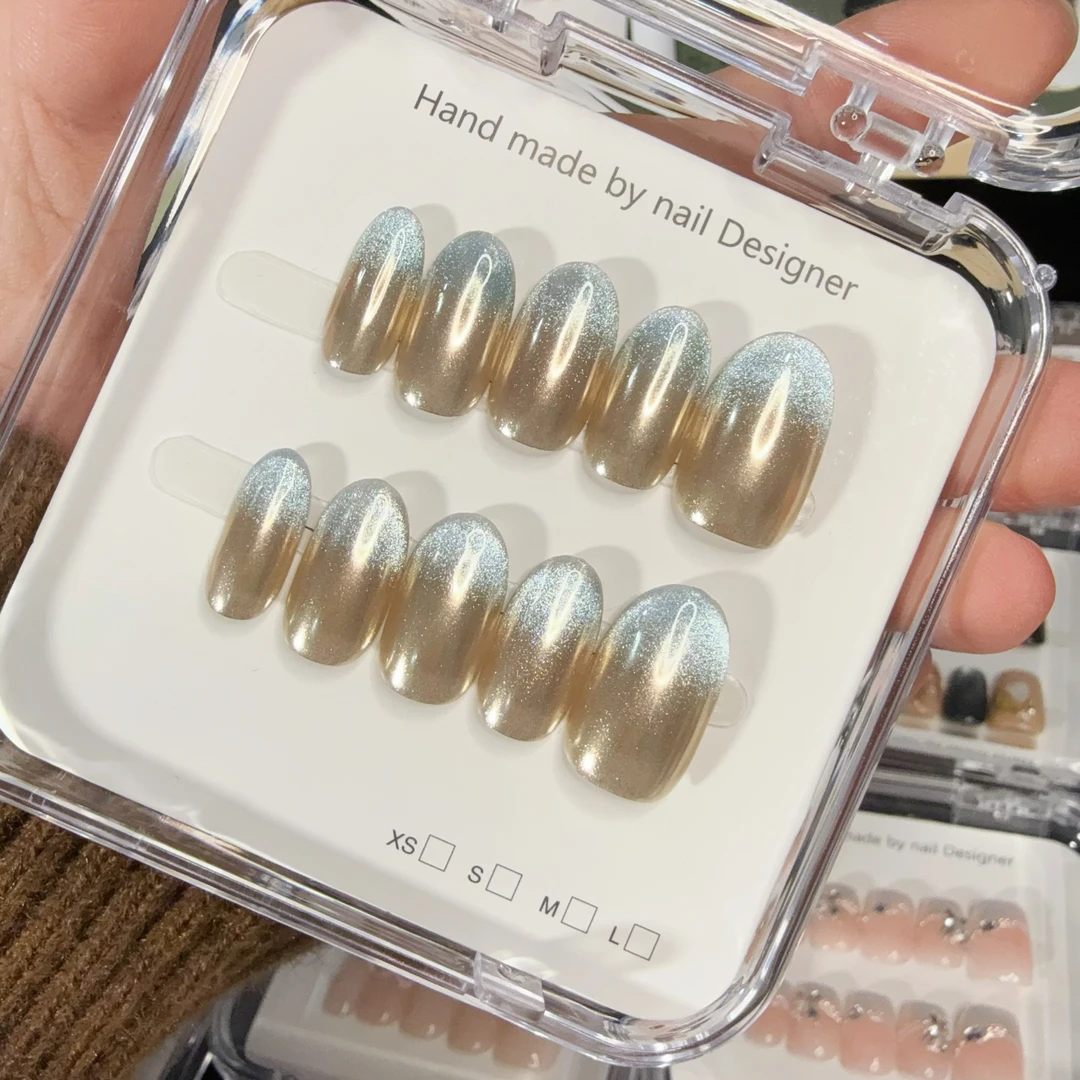 576【蓝金渐变】纯手工法式渐变纯欲风指尖蓝金闪粉可拆卸美甲