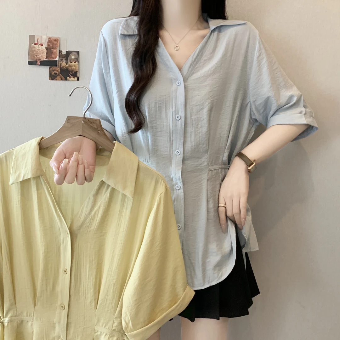 大码女装夏季宽松收腰短袖设计感衬衣中长款上衣透气凉快