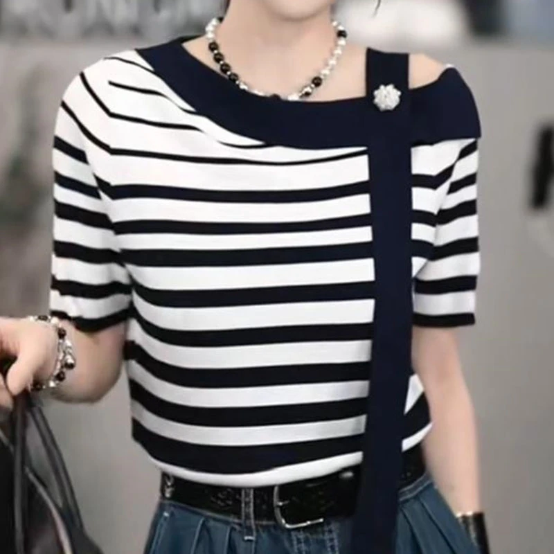 韩系撞色条纹斜肩一字领短袖毛针织衫女士2025夏季小众设计感上衣
