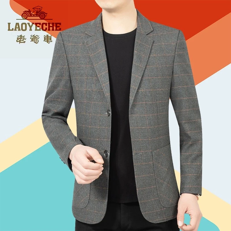 老爷车正品薄款格子男士西服上装潮流小西装修身高档春秋季男装