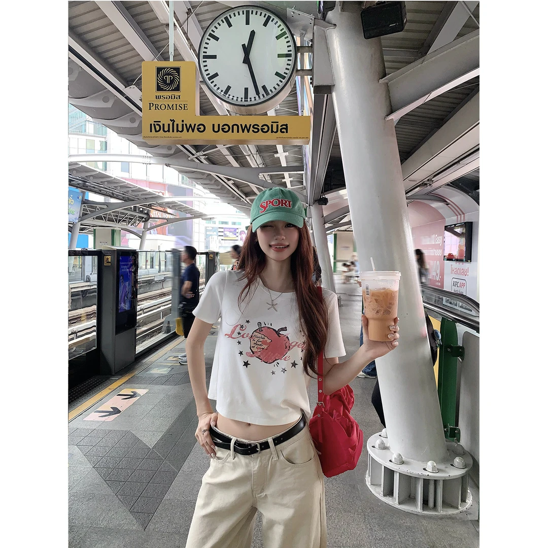 大耳朵 爱神苹果'美式复古白色印花T恤女夏休闲正肩短上衣D6T0156