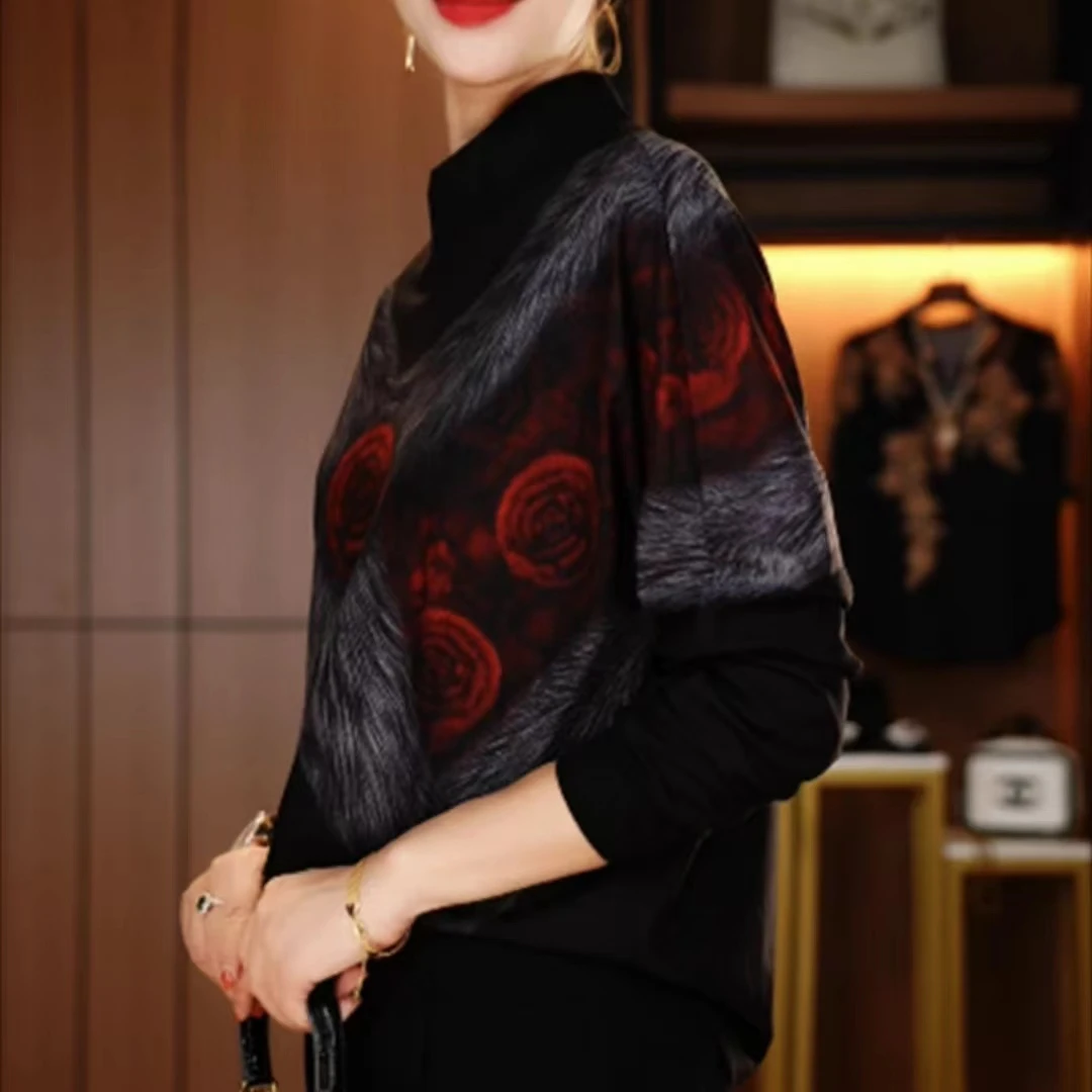 2025新款高端3D印花T恤女士秋冬新款时尚洋气保暖打底衫