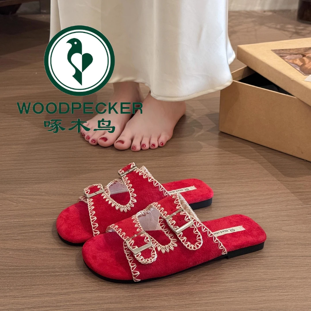 啄木鸟厚底蕾丝勃肯凉拖鞋女夏季外穿防滑方头皮带扣一字拖沙滩鞋