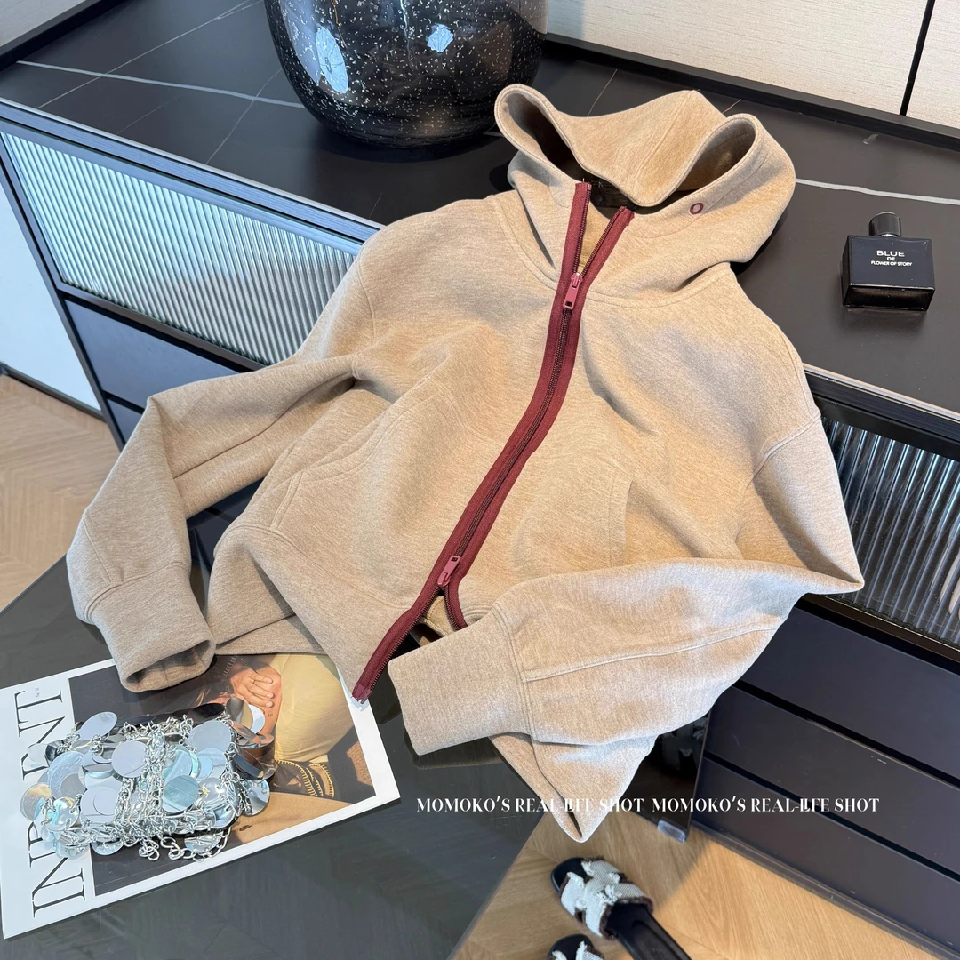 2025新款秋季燕麦色慵懒风连帽拉链卫衣女长袖高级感巨好看的外套