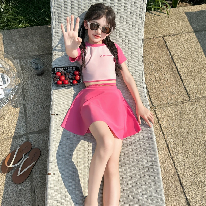 女童泳衣夏季2025新款儿童分体裙式泳装大童女孩甜美多巴胺游泳衣