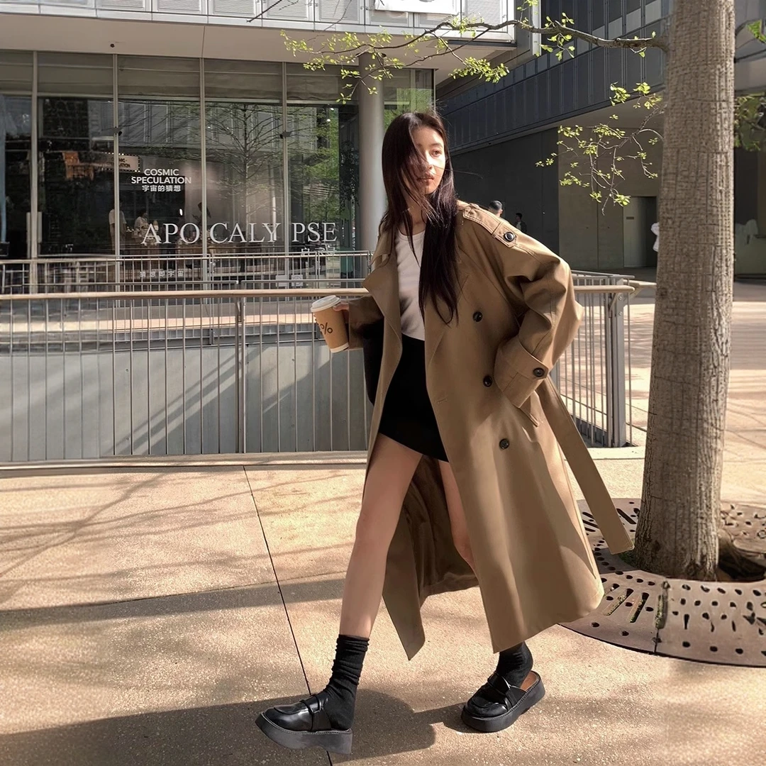 春秋季廓形高级感风衣外套女过膝韩系中长款英伦风大衣