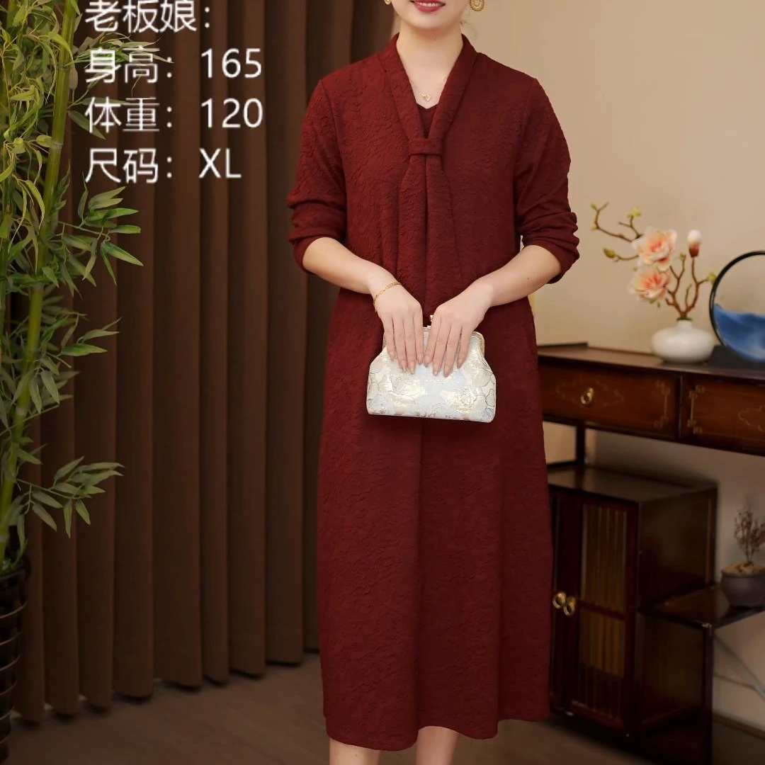 秋季新款气质显瘦连衣裙大码宽松妈妈装围巾领长袖婚礼喜妈妈7503