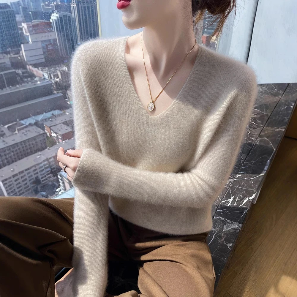 品牌撤柜正品羊毛衫女秋冬无缝V领套头毛衣内搭修身针织打底衫