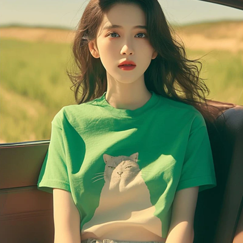 绿色短袖t恤女猫咪印花韩版甜酷减龄百搭高级感学生半袖上衣夏季