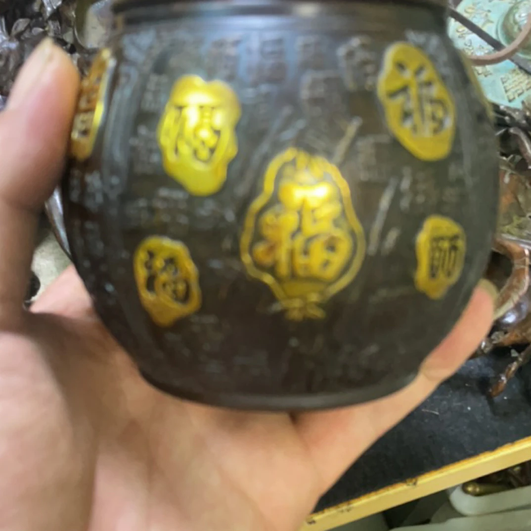 收藏纯铜仿紫铜鎏金百福罐摆件适合家居装饰