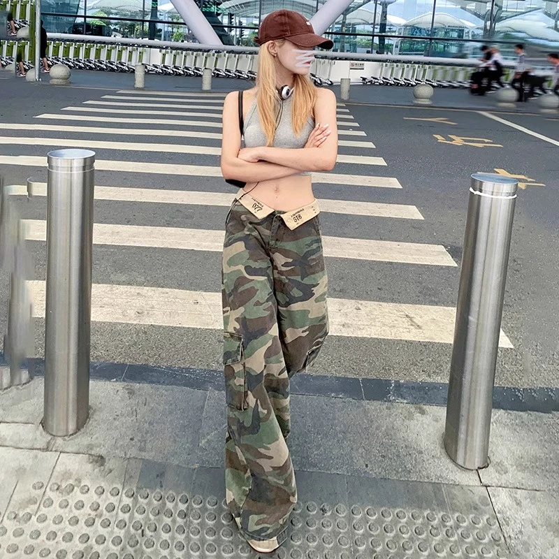 【现货 运费险】设计感字母翻边辣妹低腰牛仔裤迷彩工装裤阔腿长裤