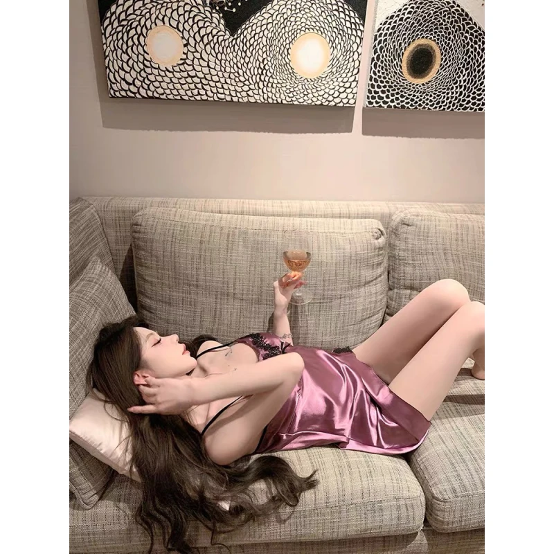 特价风情万种*商场同款紫色法式薄蕾丝吊带家居服睡衣女纯欲显瘦