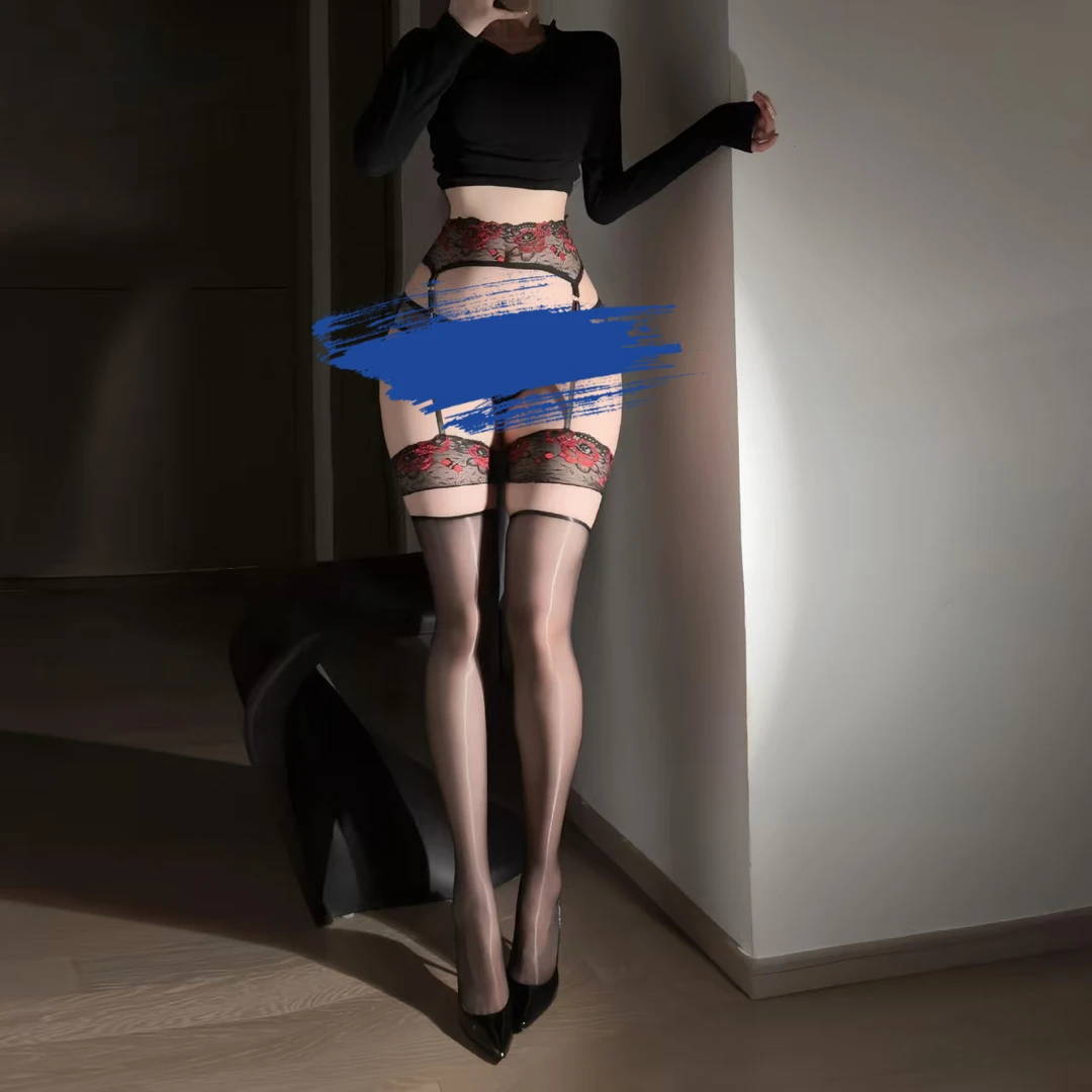 玫瑰蕾丝腿环吊带袜可拆卸辣妹过膝长筒袜女性感油亮极光丝袜