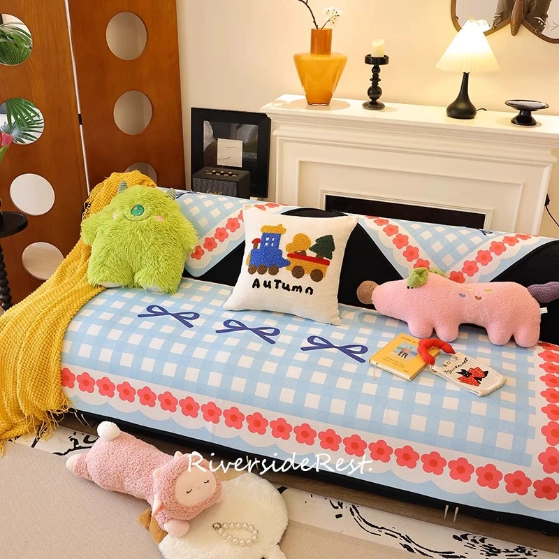 2025夏季冰丝可爱沙发垫套罩防滑透气ins风棋盘格多巴胺盖布巾