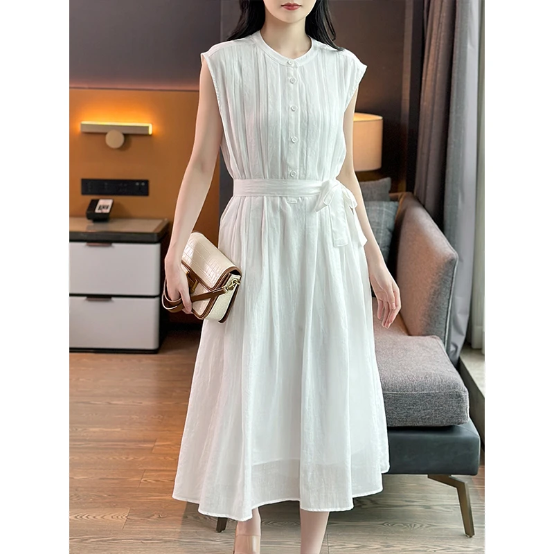 左左家 zhi禾+元厂料~超柔软100%苎麻平纹布中长款系带无袖连衣裙