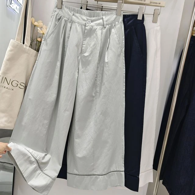 韩系时尚裤脚镂空设计高腰休闲阔腿裤女2025夏宽松显瘦九分直筒裤