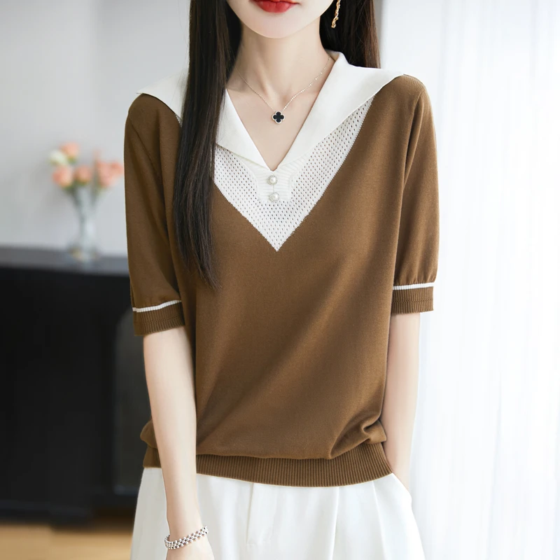 天丝桑蚕丝海军领气质打底衫v领设计感洋气短袖夏季毛针织衫镂空