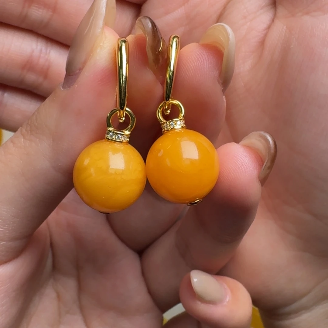 蜜蜡银S925镀金镶嵌耳饰微烤色