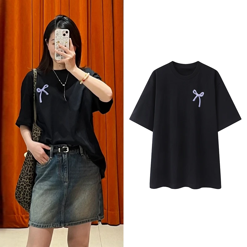 【T恤】2025年夏季新品接触瞬间凉感100%棉蝴蝶结宽松短袖K6176