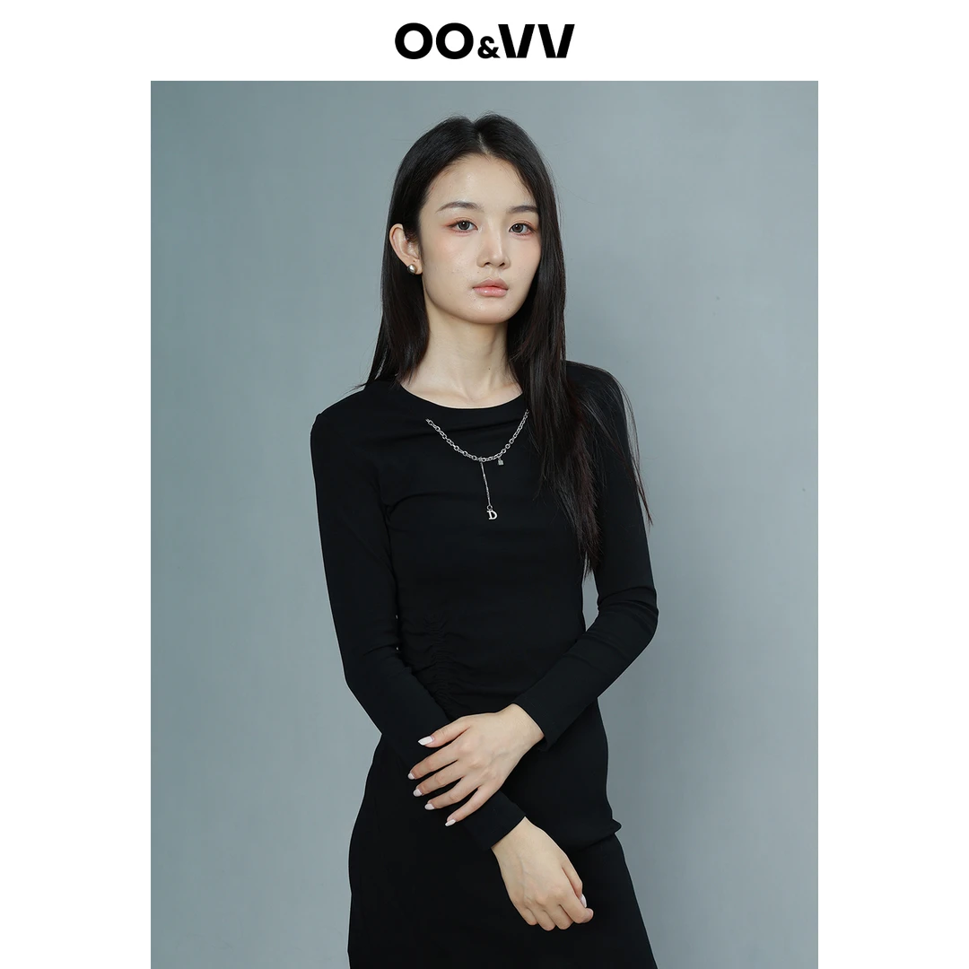 OO&VV时尚黑色长袖连衣裙女2025秋季新款修身显瘦气质开叉A字裙子